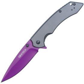 Assisted Open Folding Pocket Knife  Grey handle Purple Blade