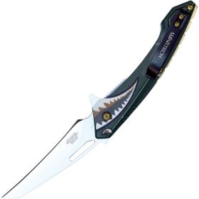 Assisted Open Folding Pocket Knife Green  Flying Shark Design